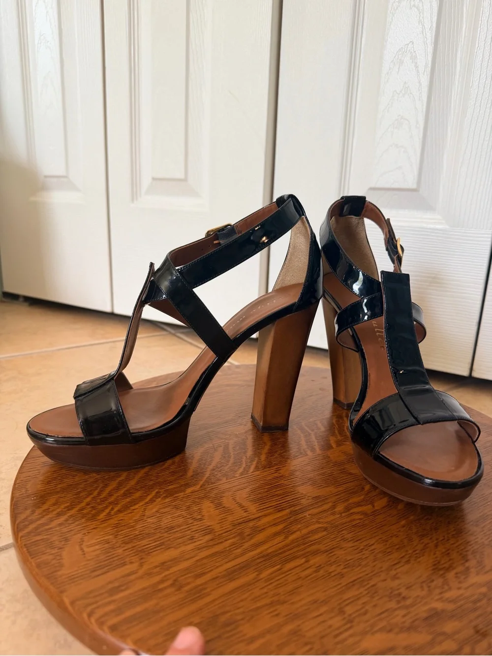 Bettye Muller Retro Black Patent Platform Sandals with Wood-Effect Block 4” Heel
